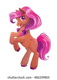 Cute cartoon little brown horse with pink hair, beautiful pony princess character, vector illustration isolated on white