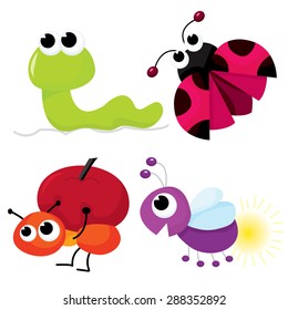 Cute cartoon little bugs like worm, ladybug, ant and firefly vector illustration.