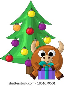 Cute cartoon little bull, Christmas tree and gift