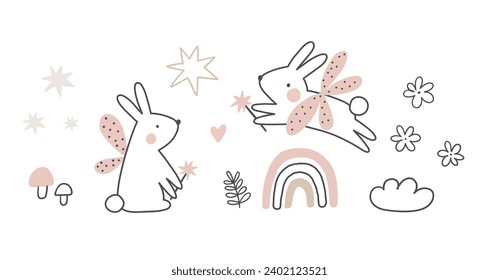 Cute Cartoon Little Bunny Fairy in magic world.