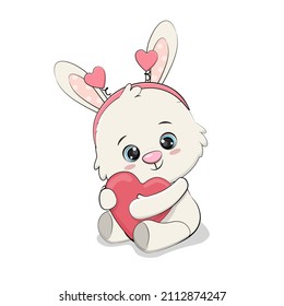Cute cartoon little bunny with heart for your disign.Valentines day card.Vector illustration