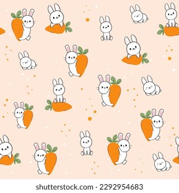 Cute cartoon with little bunny seamless pattern. Vector illustration in kawaii style for children
