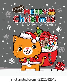 Cute Cartoon Little Cat with Christmas Santa’s Red Cap, Santa Claus Holding Gift Bag, Happy New year congratulation design.