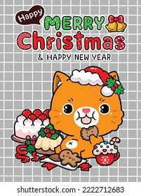 Cute Cartoon Little Cat, Enjoys Eating Gingerbread Cookies, Christmas Bakery and Food, Merry Christmas Party, Happy New year congratulation design.