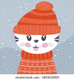 Cute cartoon little cat kitty on winter background. Vector illustration. Modern flat poster for prints, kids cards, poster, t-shirts and funny avatars.