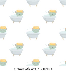 Cute cartoon little cat relaxing in the bathroom. Vector seamless pattern 