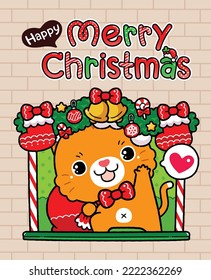 Cute Cartoon Little in Cat Santa Claus Costume, inside fireplace, holding gift bag. Merry Christmas Theme, Vector illustration flat style.