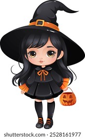 Cute cartoon little charming witch. Halloween fancy dress party.