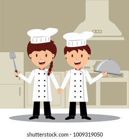 Cute cartoon of little chef cooking at kitchen.