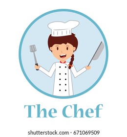 Cute cartoon of little chef cooking at kitchen.