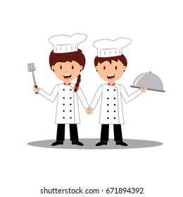 Cute cartoon of little chef cooking at kitchen.