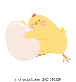 Cute cartoon little chick hugging an egg. Yellow Easter chicken funny nestling character. Vector illustration isolated on a white background for Easter cards, banners, and stickers.