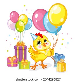 Cute cartoon little chicken with balloons and present boxes. Vector isolated illustration. For postcard, posters, nursery design, greeting card, stickers, room decor, party, nursery t-shirt, apparel