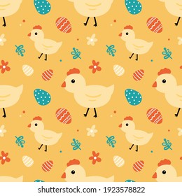 
Cute cartoon little chicken with decorated easter eggs and flowers vector seamless pattern background for Easter design.