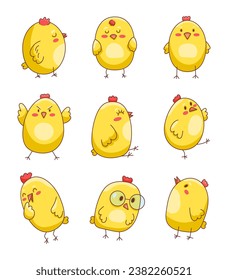 Pequeño pollo de dibujos animados. Símbolo de ave de Pascua. Animales de granja. Dibujo de vectores. Colección de elementos de diseño.