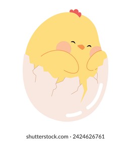 Cute cartoon little chicken. Easter yellow chick in cracked egg. Funny nestling character hatched from egg vector illustration isolated on a white background for Easter cards, banners, and stickers.