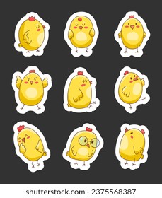Cute cartoon little chicken. Sticker Bookmark. Easter bird symbol. Farm animals. Vector drawing. Collection of design elements.