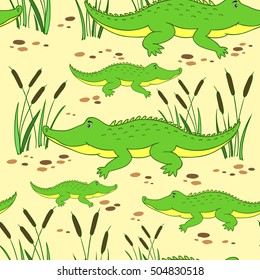 Cute cartoon little crocodile in reed isolated on yellow background, Vector doodle Illustration alligator, wild animal, Seamless pattern, texture design for baby shower, greeting card, children invite