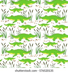 Cute cartoon little crocodile in reed isolated on white background, Vector doodle Illustration alligator, wild animal, Seamless pattern, texture design for baby shower, greeting card, children invite