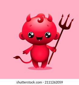 Cute Cartoon Little Devil Holding Pitchfork. Funny Red Demon On Pink Background. Colorful Vector Illustration.