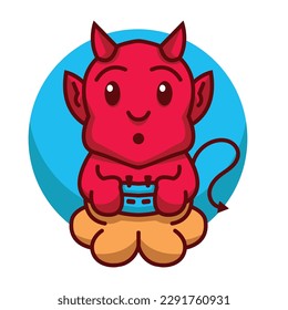 cute cartoon little devil holding pitchfork. funny red demon on pink background. colorful vector by hams std
