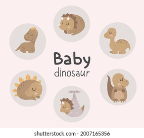 Cute cartoon little dinosaur collection. Baby dino clipart. Set of flat hand drawn brontosaurus, tyrannosaurus, Stegosaurus, triceratops.