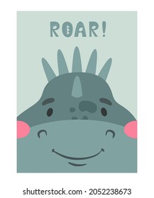 Cute cartoon little dinosaur in flat style. Vector character for posters, print for children's clothing and various design. Roar!