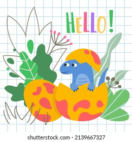 Cute cartoon little dinosaur with lettering "hello". Vector illustration.