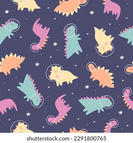 Cute Cartoon Little Dinosaur in space - vector illustration in flat style. Seamless pattern with dono