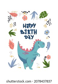 Cute cartoon little dinosaur - vector illustration. Cute simple dino, floral elements, birthday card.Great for designing baby clothes.