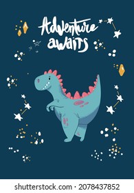 Cute cartoon little dinosaur - vector illustration. Cute simple dino cartoon, stars.Great for designing baby clothes.