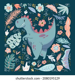Cute cartoon little dinosaur - vector illustration. Cute simple dino, floral elements, roar, Great for designing baby clothes