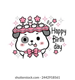 Cute Cartoon Little Dog Character, Birthday Celebration. Flat Design Style