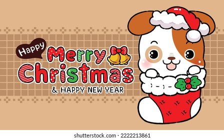 Cute Cartoon Little Dog, inside Christmas socks, Merry Christmas Theme. Happy New year design.