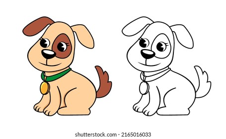 Cute cartoon little dog. Puppy. Color and black white vector illustration for coloring book