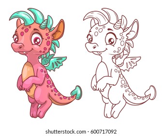 Cute cartoon little dragon, colorful and outline illustration. Vector art for kids coloring book