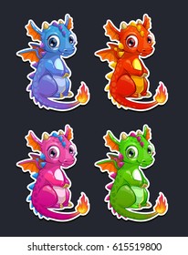 Cute cartoon little dragon, colorful icons set. Vector stickers on dark background.