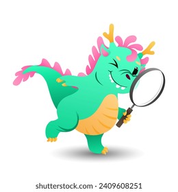 cute cartoon little dragon looking for items with a magnifying glass on white background. funny fabulous animal in search. vector cartoon character illustration.