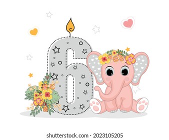 Cute Cartoon little elephant with number six. Perfect for greeting cards, party invitations, posters, stickers, pin, scrapbooking, icons.