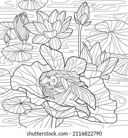 Cute cartoon little elf girl sleeping in lotus leafs and flowers sketch template. Fairy creature vector illustration in black and white for games, background, pattern, wallpaper, decor. Coloring paper