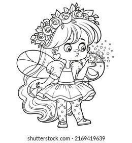 Cute cartoon little fairy blows fairy dust from the palm of your hand outlined for coloring on white background