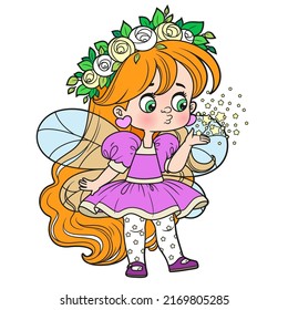 Cute cartoon little fairy blows fairy dust from the palm of your hand color variation for coloring page isolated on white background