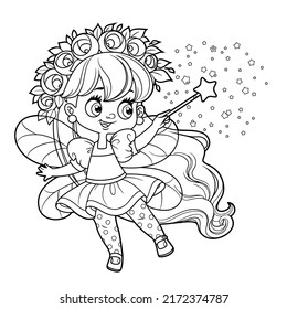 Cute cartoon little fairy cast spells with magic wand color variation for coloring on white background