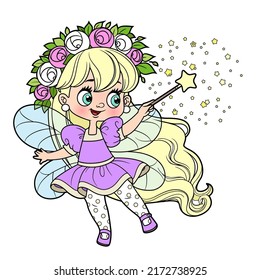 Cute cartoon little fairy cast spells with magic wand color variation for coloring on white background