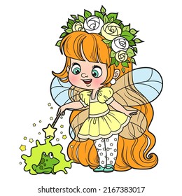 Cute cartoon little fairy casts spell with magic wand on a frog color variation for coloring page isolated on white background