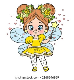 Cute cartoon little fairy casts spell with magic wand  color variation for coloring page isolated on white background