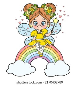 Cute Cartoon Little Fairy Casts Spell With Magic Wand And Sit On A Rainbow Outlined For Coloring On White Background