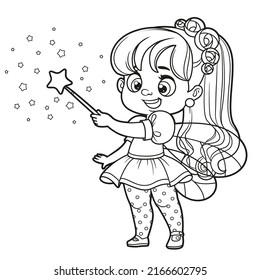 Cute cartoon little fairy conjures with a magic wand outlined for coloring on white background