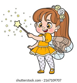 Cute cartoon little fairy conjures with a magic wand color variation for coloring page isolated on a white background