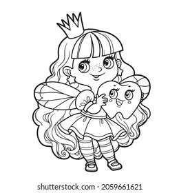 Cute cartoon little fairy girl holding a baby tooth in hands outlined for coloring on white background